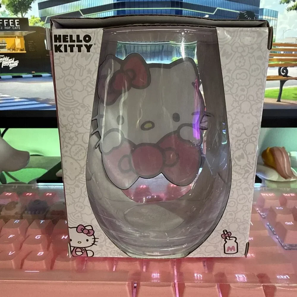 Hello Kitty Stemless Glass 20oz Clear Cup 2023 Pink Bow Sanrio Tear Drop